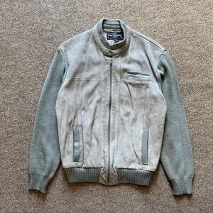 Vintage Grey Zip Up Suede Knit Sweater Cardigan Mens M Leather Bomber Jacket 90s